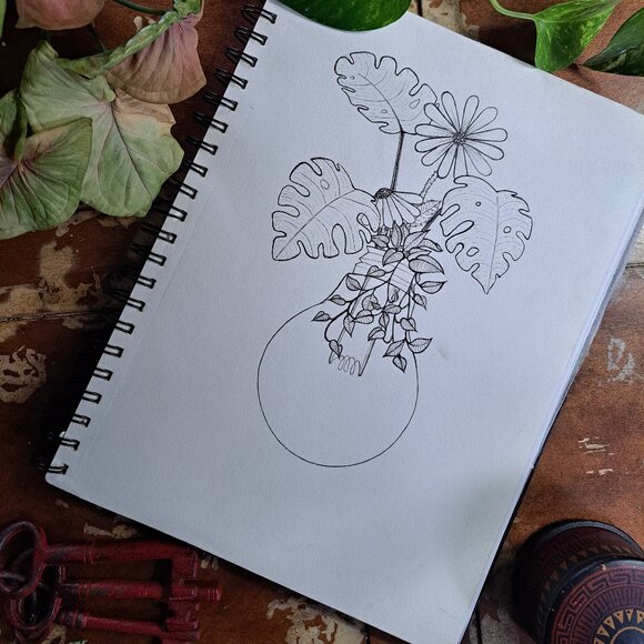 Lightbulb and Monstera Leaves Floral Sketchbook Drawing 8x12" - Picture 1 of 1